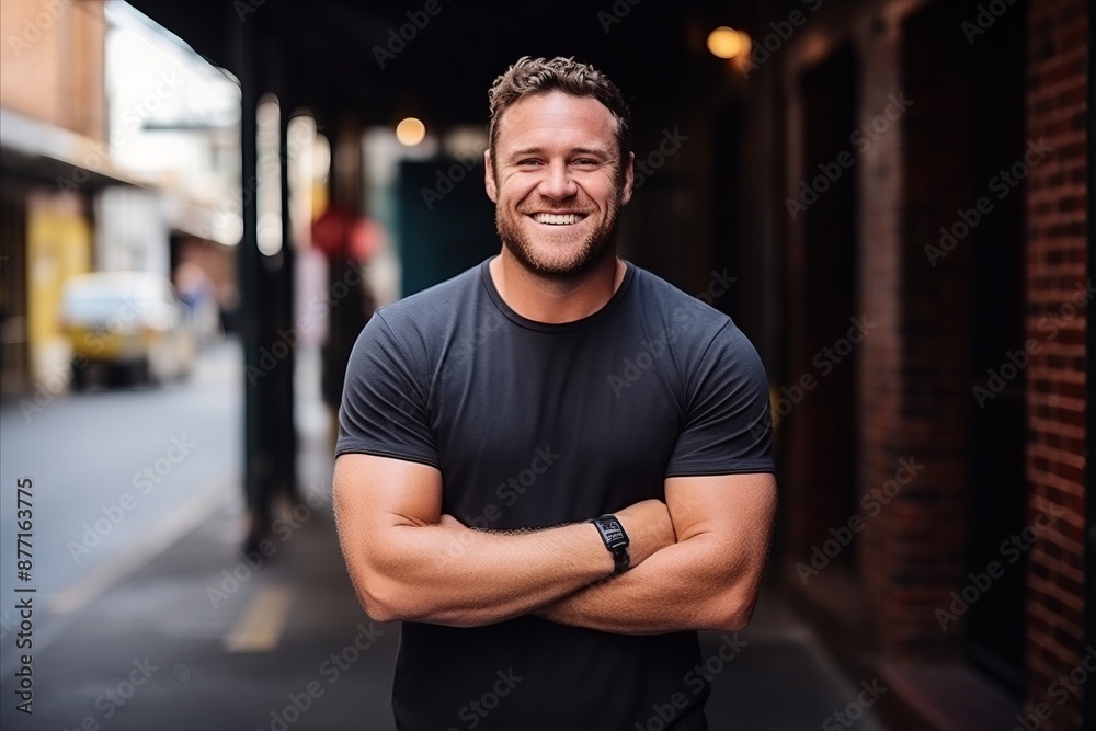 Portrait of a handsome man smiling with arms crossed in the city Portrait of a handsome man smiling with arms crossed in the city