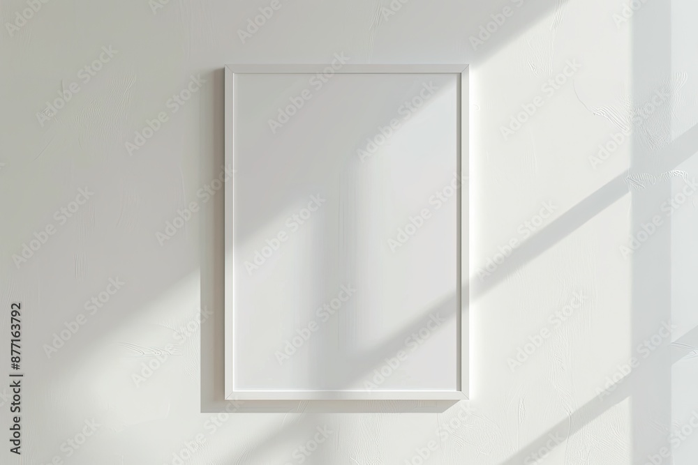 White rectangular vertical frame hanging on a white wall mockup. Clear design mock up template reflection, shadow overlay White rectangular vertical frame hanging on a white wall mockup. Clear design mock up template reflection, shadow overlay