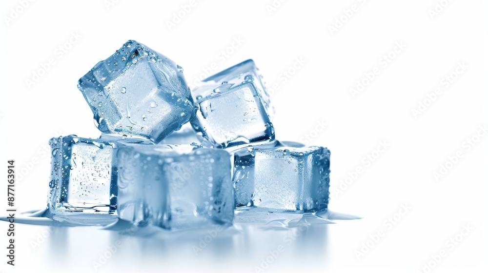 Close-up of clear ice cubes stacked together, melting on a white background, representing freshness, cold, and refreshment. Close-up of clear ice cubes stacked together, melting on a white background, representing freshness, cold, and refreshment.