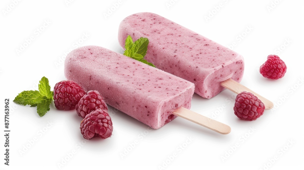 Delicious raspberry popsicles made with fresh raspberries and mint, perfect for a refreshing summer treat. High resolution and vibrant colors. Delicious raspberry popsicles made with fresh raspberries and mint, perfect for a refreshing summer treat. High resolution and vibrant colors.