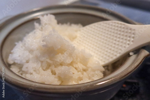 Japanese white rice just cooked in a donabe earthen pot with a rice scoop