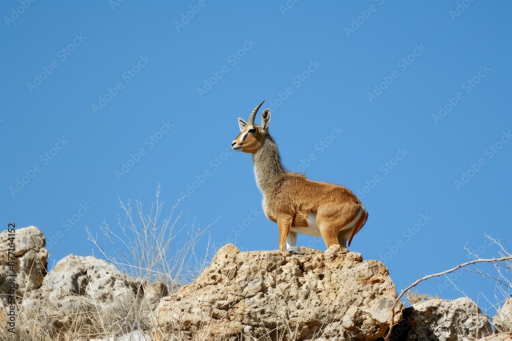 view of an antelope Klipspringer (Oreotragus oreotragus) standing on a rocky outcrop with blue skies behind view of an antelope Klipspringer (Oreotragus oreotragus) standing on a rocky outcrop with blue skies behind