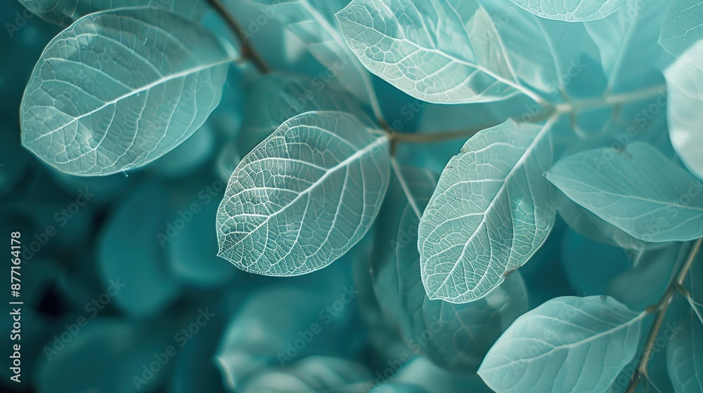 Close-up of leaves with intricate veins against a blurred background of foliage in varying shades. Close-up of leaves with intricate veins against a blurred background of foliage in varying shades.