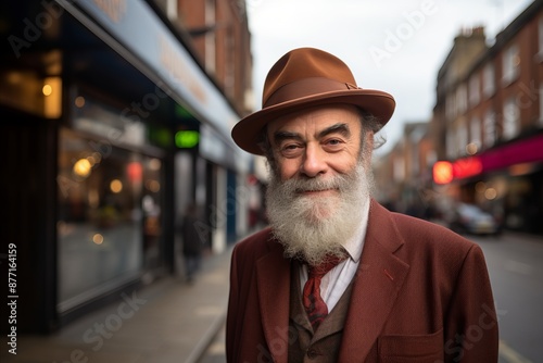 Portrait of an old man with a long white beard and mustache wearing a brown hat on a city street