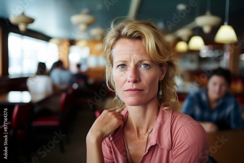 Portrait of serious mature woman in cafe. Selective focus.