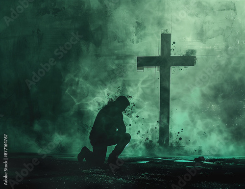 Uomo inginocchiato davanti alla croce. Senso di devozione. Rivolgersi al Signore nei momenti di disperazione. photo