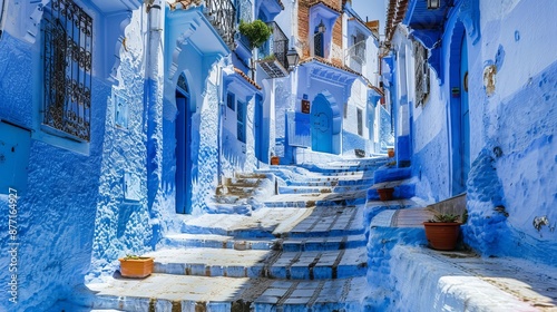 Explore the charming blue-hued alleys and stairways of Chefchaouen, a picturesque city tucked away in the Moroccan mountains.