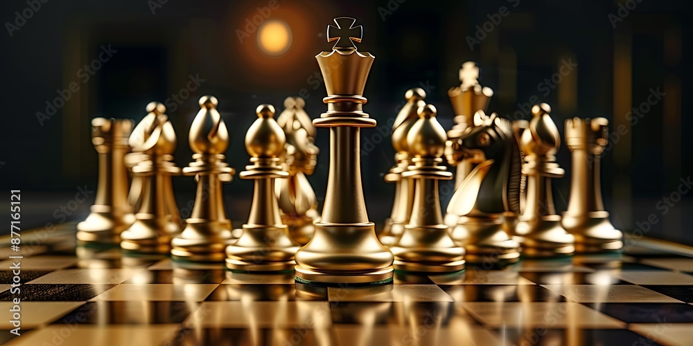 A gold chess queen stands in the center of the board A gold chess queen stands in the center of the board