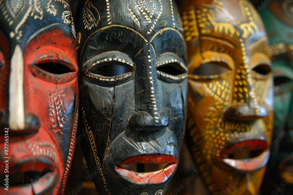 Closeup of intricately carved and painted african masks, representing cultural heritage Closeup of intricately carved and painted african masks, representing cultural heritage