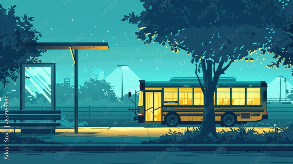 Obraz premium A school bus arriving at a bus stop under a starry sky, illustrated in a web banner style.