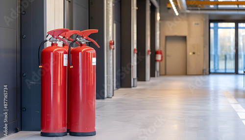 Wallpaper Mural Three red fire extinguishers in hall. Space for text Torontodigital.ca