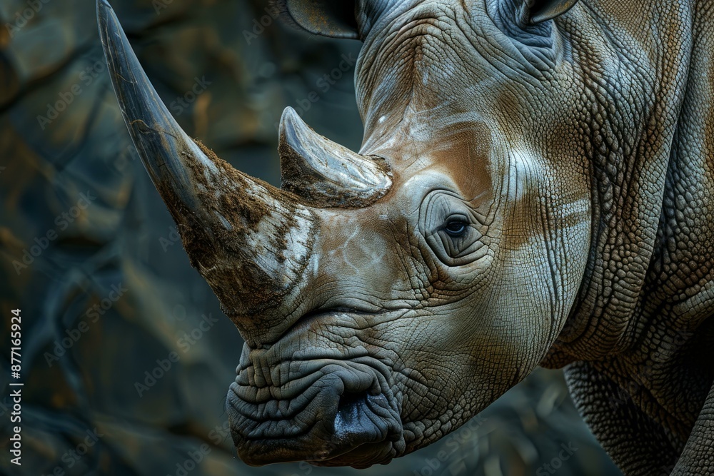 Detailed closeup of a rhinoceros' head, showcasing its textured skin and horn