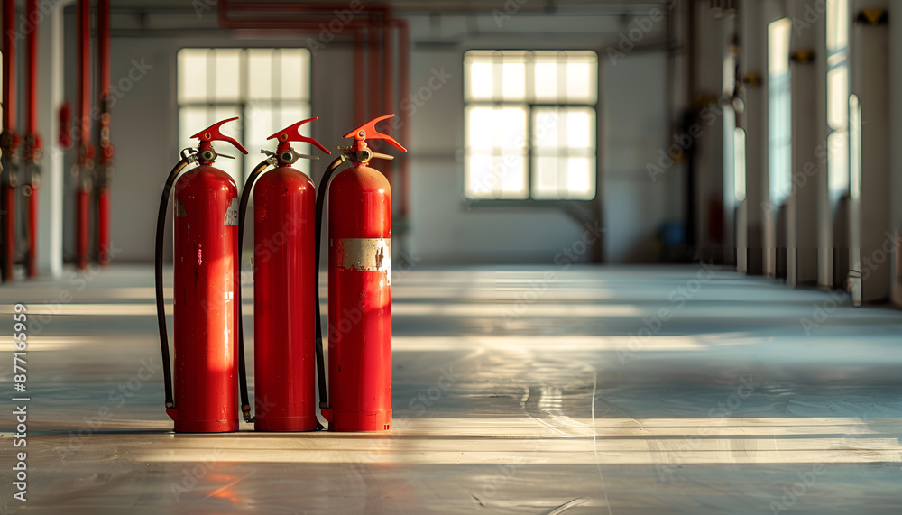 Three red fire extinguishers in hall. Space for text Three red fire extinguishers in hall. Space for text