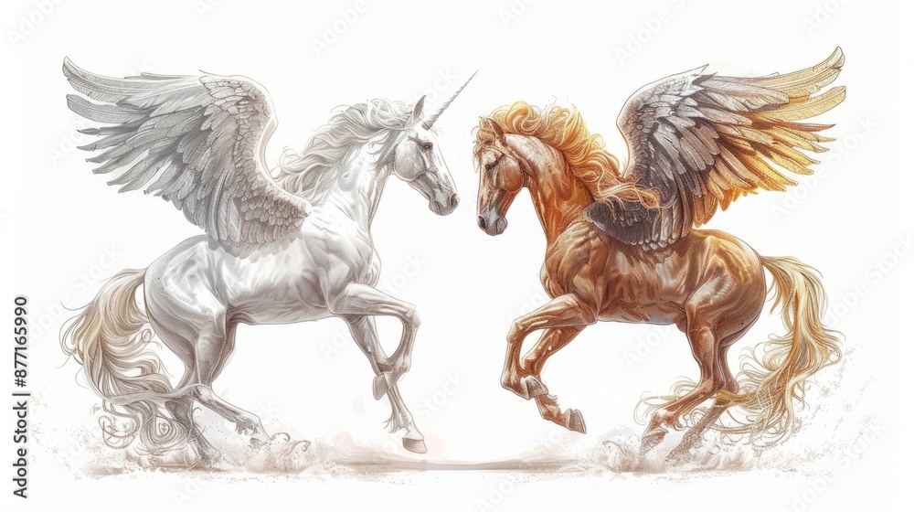 Fototapeta premium Two winged horses on white background, one white and one brown, rear on their hind legs label design 