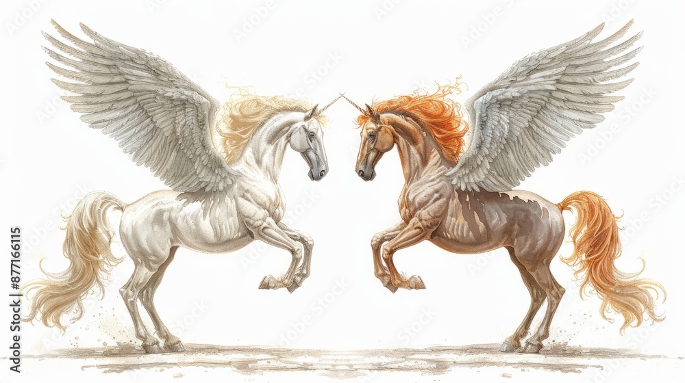 Two winged horses on white background, one white and one brown, rear on their hind legs label design Two winged horses on white background, one white and one brown, rear on their hind legs label design