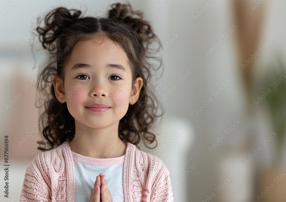 Smiling Young Girl with Curly Hair in Cozy Sweater Praying Indoors Smiling Young Girl with Curly Hair in Cozy Sweater Praying Indoors