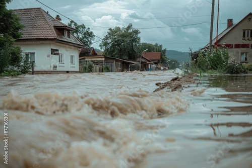 This image captures the scene of a street in a small town where residential houses are partially submerged due to heavy flooding, with water flowing along the road photo