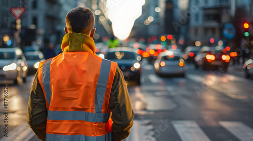 Wallpaper Mural A traffic worker wearing a high-visibility vest stands on a busy city street, directing traffic amidst a bustling urban environment during sunset. Torontodigital.ca