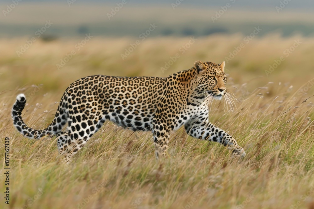 Fototapeta premium Leopard Stalking Through Savannah Grasslands