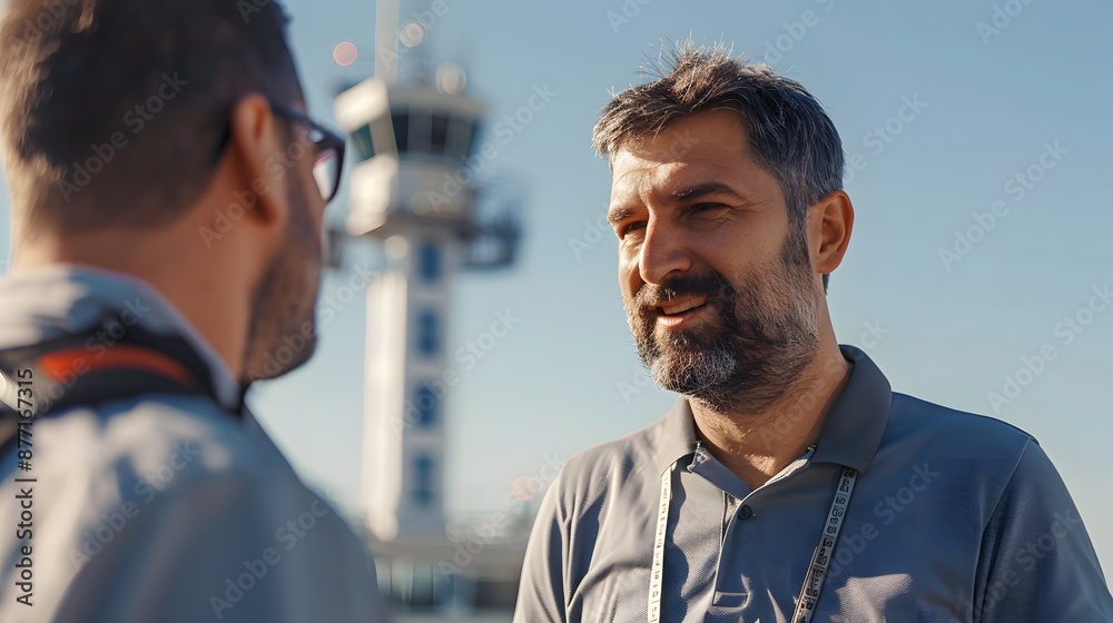 Two men in a discussion near an airport control tower under clear blue sky, highlighting communication and aviation industry settings. Two men in a discussion near an airport control tower under clear blue sky, highlighting communication and aviation industry settings.