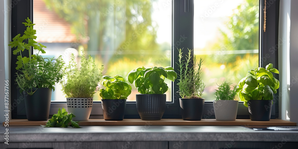 Growing own herbs on a windowsill in a kitchen. Cultivation of fresh produce in flower pots of different shapes and colors. Growing own herbs on a windowsill in a kitchen. Cultivation of fresh produce in flower pots of different shapes and colors.