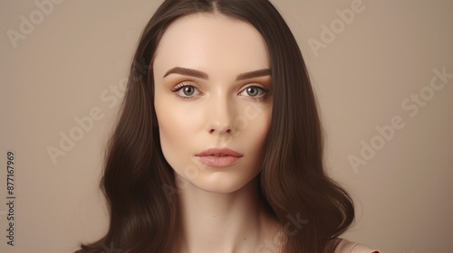 A female model facing the camera, model with beautiful face for cosmetics, isolated blank background