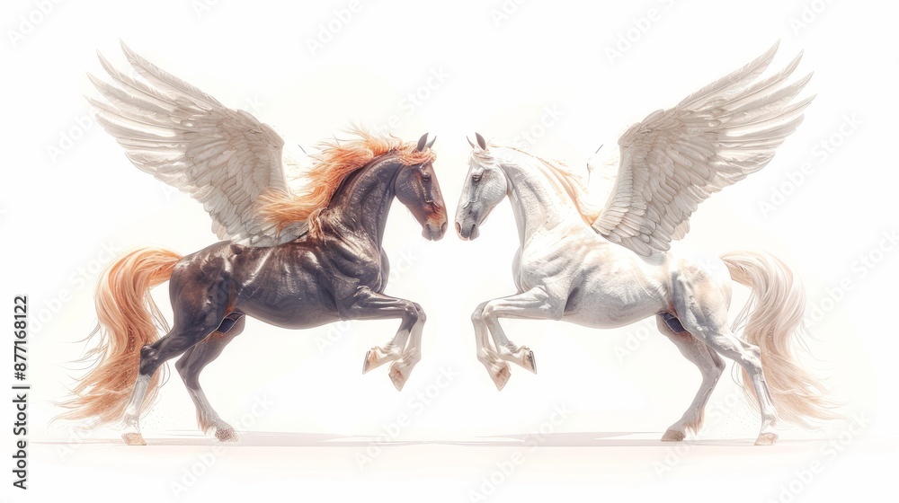 Two winged horses on white background, one white and one brown, rear on their hind legs label design Two winged horses on white background, one white and one brown, rear on their hind legs label design