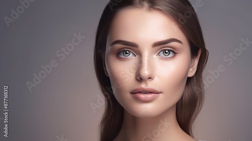 A female model facing the camera, model with beautiful face for cosmetics, isolated blank background