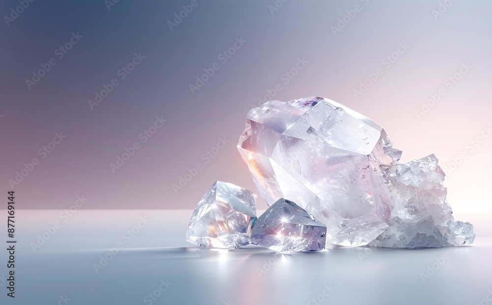 Obraz premium Beautiful Clear Quartz Crystals in Soft Lighting Reflecting Brilliant Colors