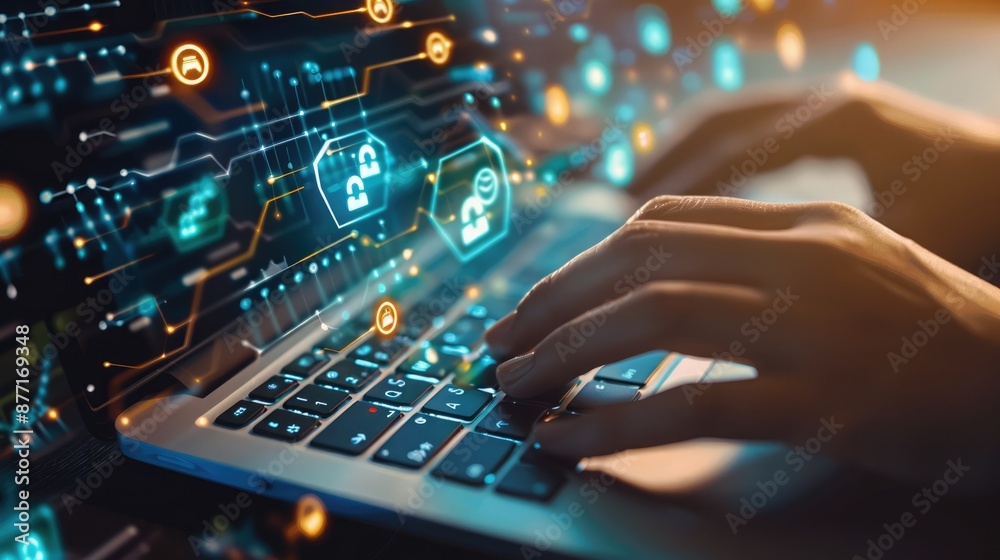 Dark mode backdrop with a close-up of hands typing on a keyboard, surrounded by digital security symbols. Cybersecurity service Dark mode backdrop with a close-up of hands typing on a keyboard, surrounded by digital security symbols. Cybersecurity service