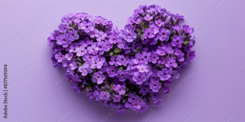 Verbena arranged in heart shape on lavender solid color background with copy space Verbena arranged in heart shape on lavender solid color background with copy space