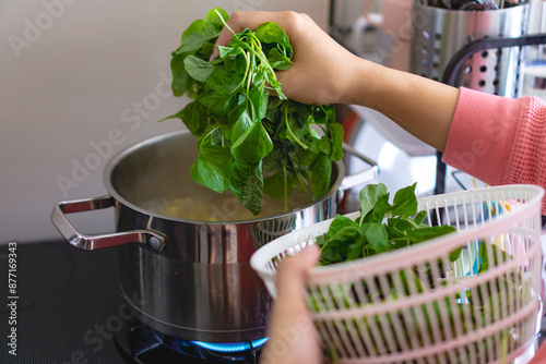 A woman is blanching or cooking spinach in a pot on a stove. She is holding a basket of spinach in her hand, home cooking concept photo