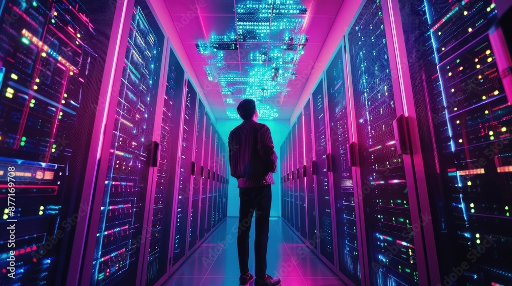Cybersecurity analyst intensely examining a firewall hologram in a neon-lit server room, displaying deep concentration. Cybersecurity service Cybersecurity analyst intensely examining a firewall hologram in a neon-lit server room, displaying deep concentration. Cybersecurity service