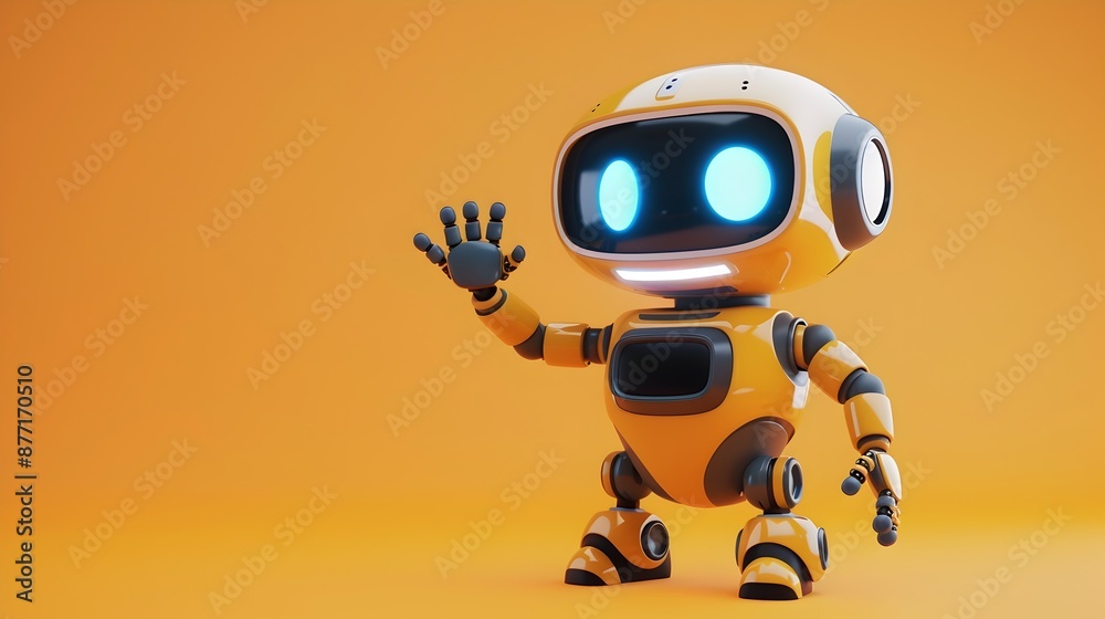 Charming 3D Robot Waving in Futuristic Tech-Themed Charming 3D Robot Waving in Futuristic Tech-Themed