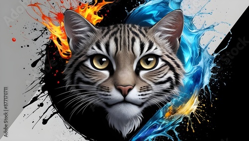 (a adorable feline), Hyper-detailed Eyes, Black Background, Line Art, Tee-Shirt Design, Exceptionally Detailed Artistic, Detailed Beautiful Face, Natural Skin, Oil on Canvas, Brush Strokes, Water Spla photo