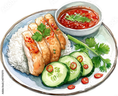 A plate of Hainanese chicken rice with a side of cucumber and chili sauce. The chicken is sliced and served with white rice. The sauce is red and spicy.