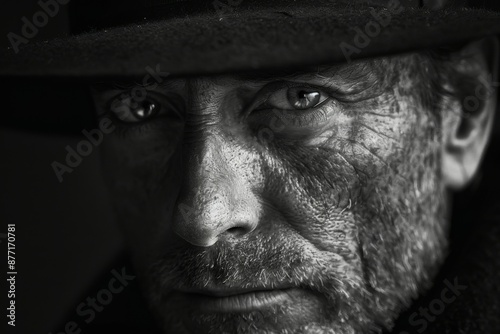 Elderly Man in Black and White Close-Up