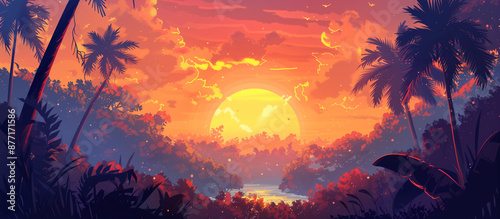 illustration background of sunrise in tropical forest, Ai Generated Images