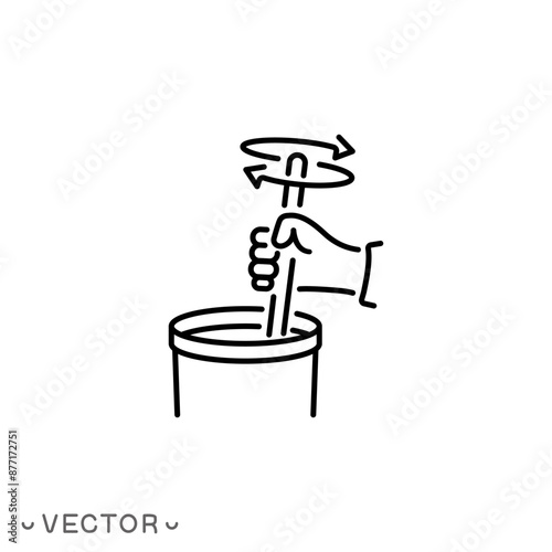 stir before use icon, mix hand, arrows spin, preliminary stirring, thin line symbol isolated on white background, editable stroke eps 10 vector illustration
