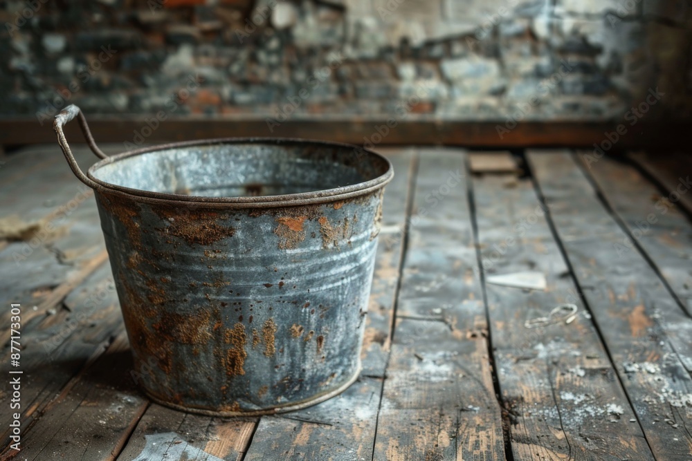Rustic Metal Bucket on a Weathered Wooden Floor Rustic Metal Bucket on a Weathered Wooden Floor
