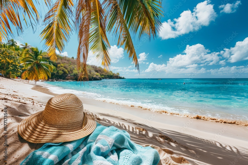 Stunning tropical beach with clear turquoise water, white sand, and lush palm trees, inviting for a perfect vacation getaway. Stunning tropical beach with clear turquoise water, white sand, and lush palm trees, inviting for a perfect vacation getaway.