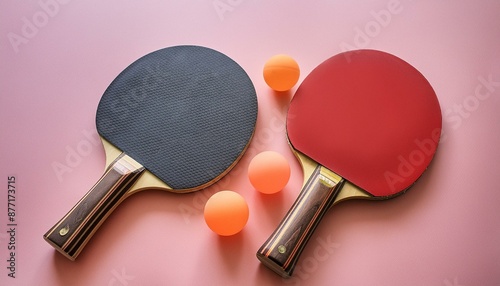 Two ping pong paddles and two balls placed on a pink surface, ideal for illustrating table tennis or recreational games 