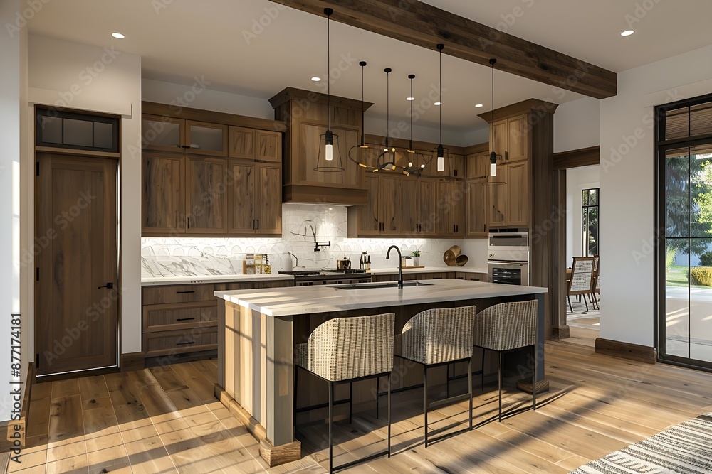Modern kitchen with wooden cabinets and island, natural light streaming in from windows.