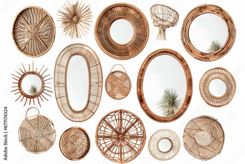 Collection of intricately designed rattan mirrors and wall decor, showcasing various shapes and sizes, perfect for adding a rustic touch to any space.