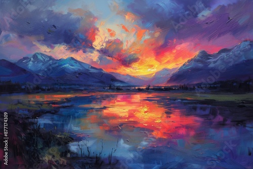 Stunning Mountain Sunset Over Watercolor Reflections