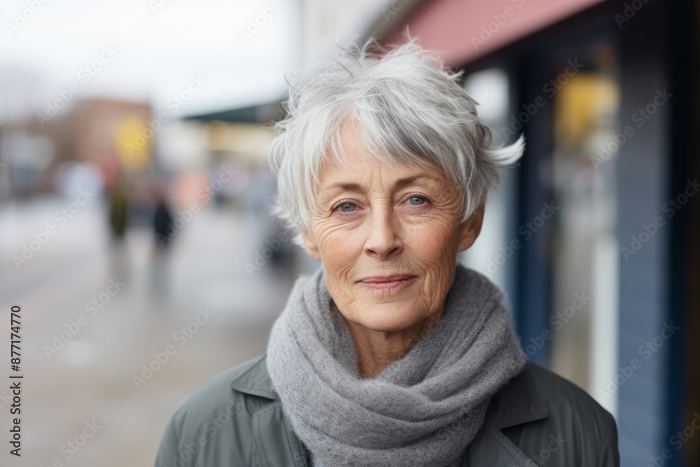 Portrait of senior woman with grey hair and scarf on the street Portrait of senior woman with grey hair and scarf on the street