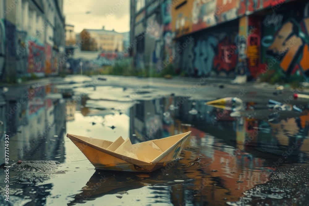 Obraz premium Paper Boat in Urban Alley