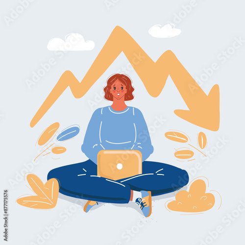 Cartoon vector illustration of loosing of Businesswoman with graph down indicating