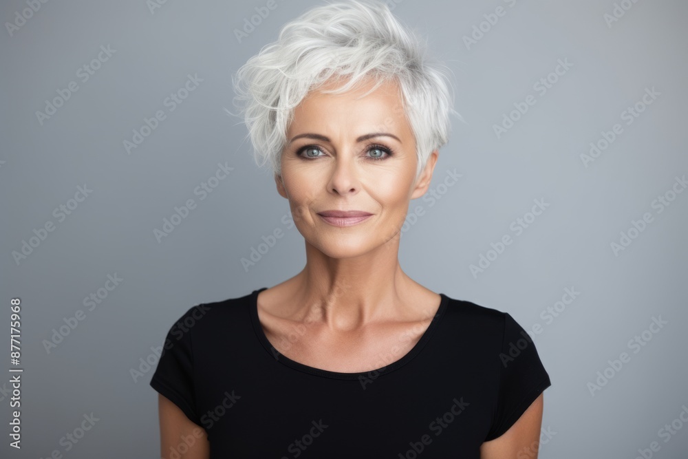 Portrait of a beautiful businesswoman with short white hair on grey background Portrait of a beautiful businesswoman with short white hair on grey background
