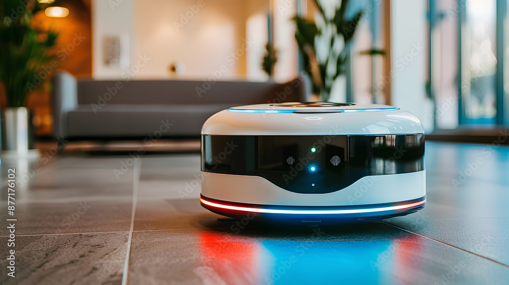 Robotic Vacuum Cleaner on the Wood Floor in the Living Room. Robotic Vacuum Cleaner on the Wood Floor in the Living Room.